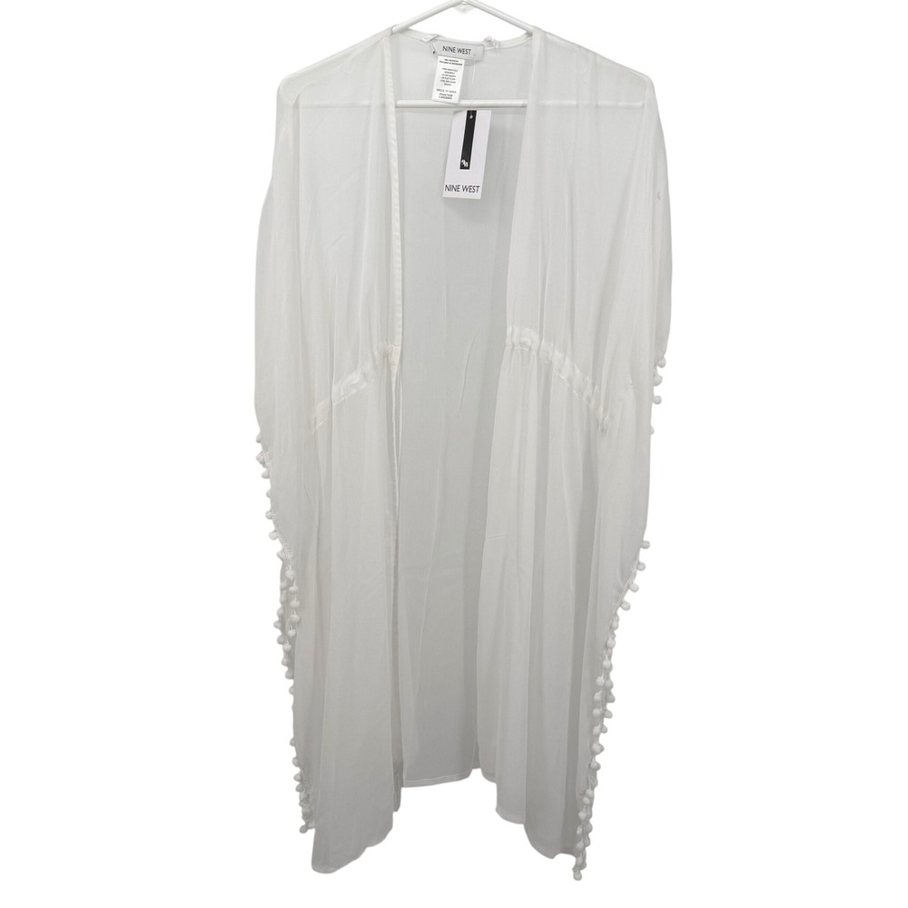 NWT Nine West Womens O/S Kimono Coverup White Pom Pom Trim